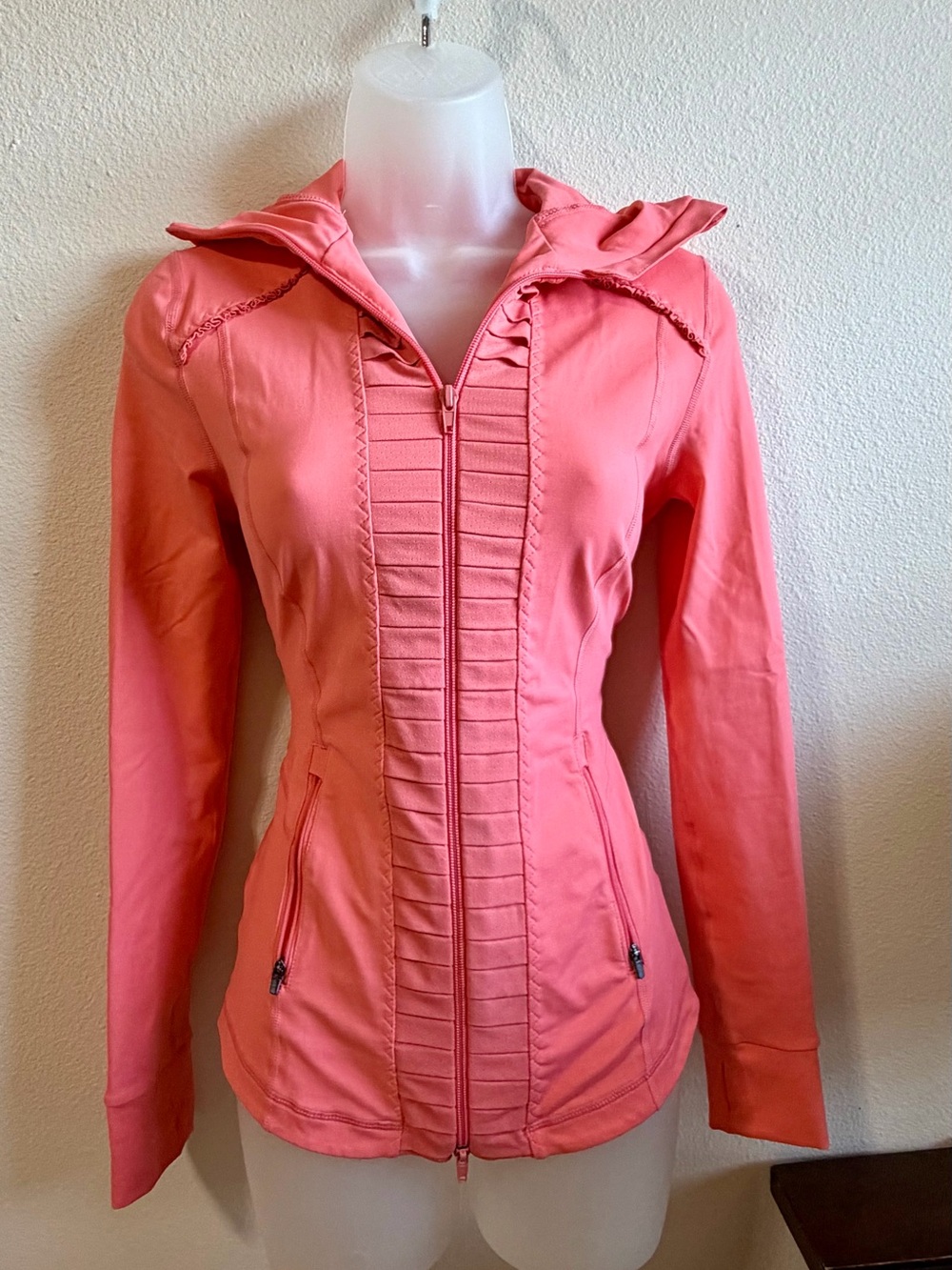 VM Coral Pink Hooded Ruffle-Front Bomber Jacket